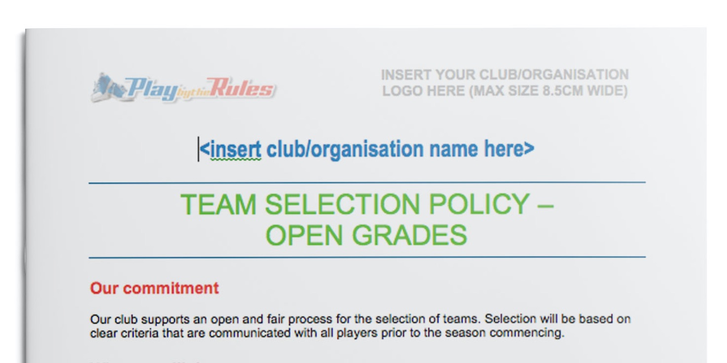 Team Selection Open Grades Policy template for sport