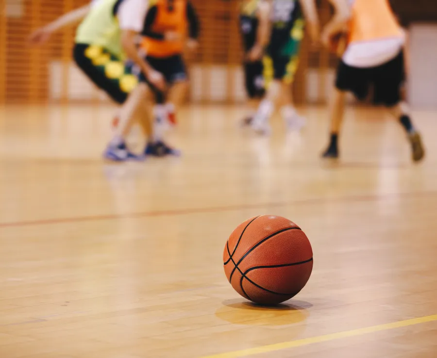 Basketball on a basketball court