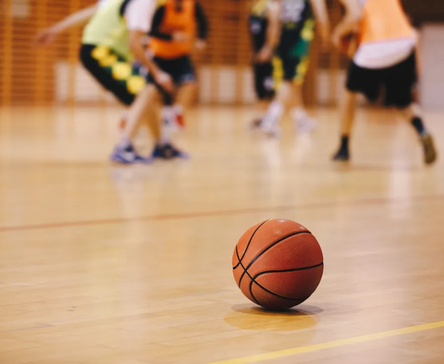 Basketball on a basketball court
