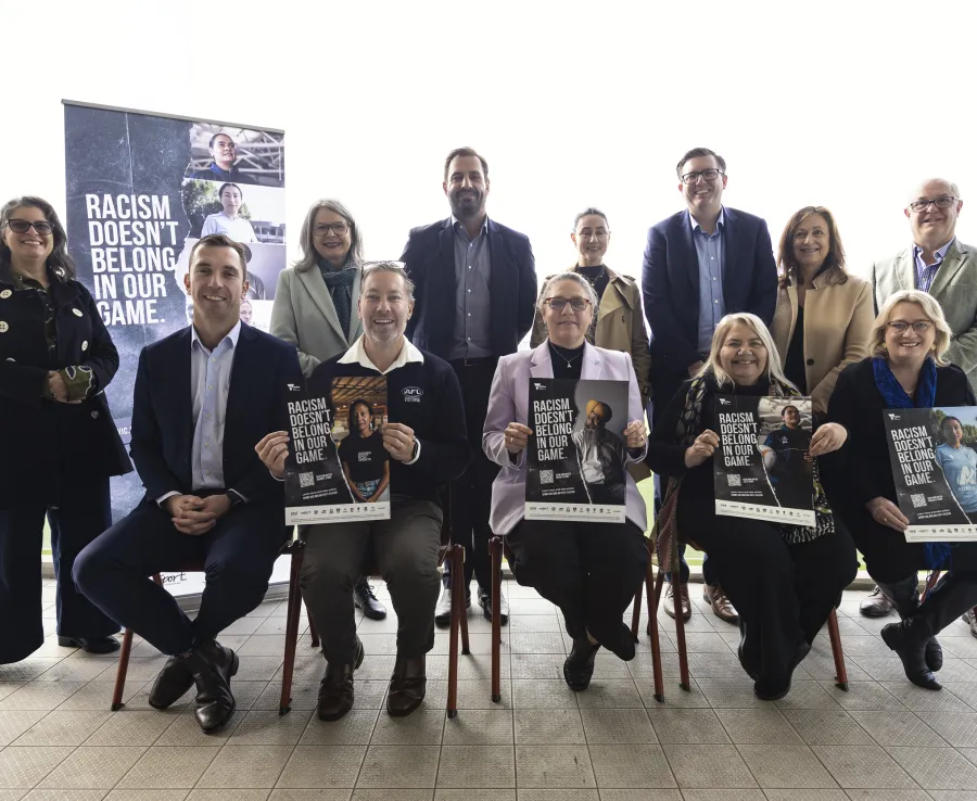 13 sport leaders pose for the launch of the Racism Doesn't Belong in Our Game campaign.